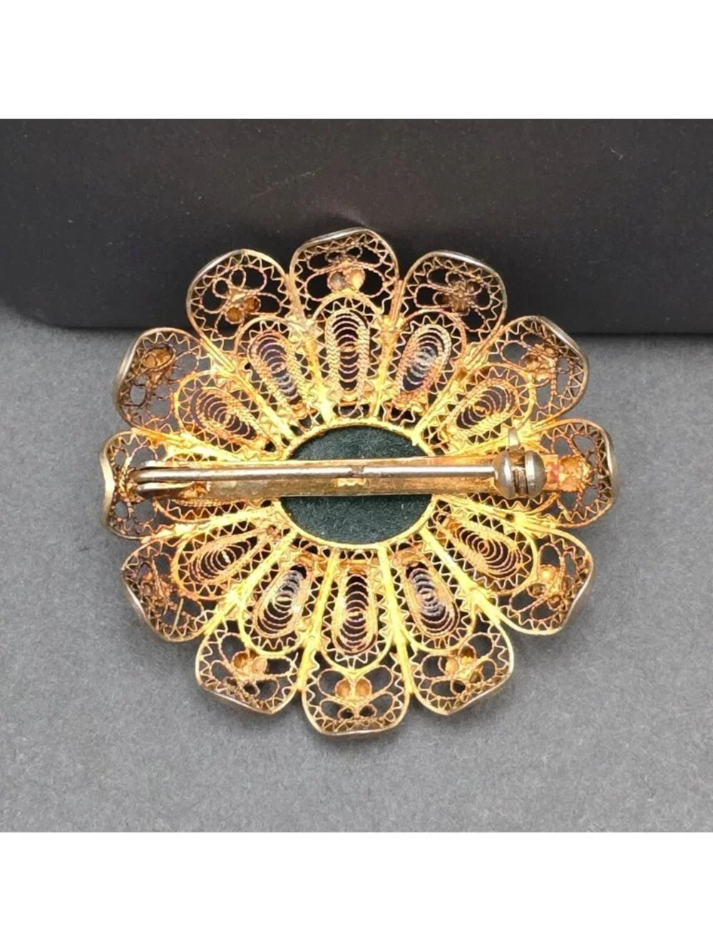 Vintage 830 Silver Vermeil Flower Brooch Green Cabochon Filigree Scandinavian